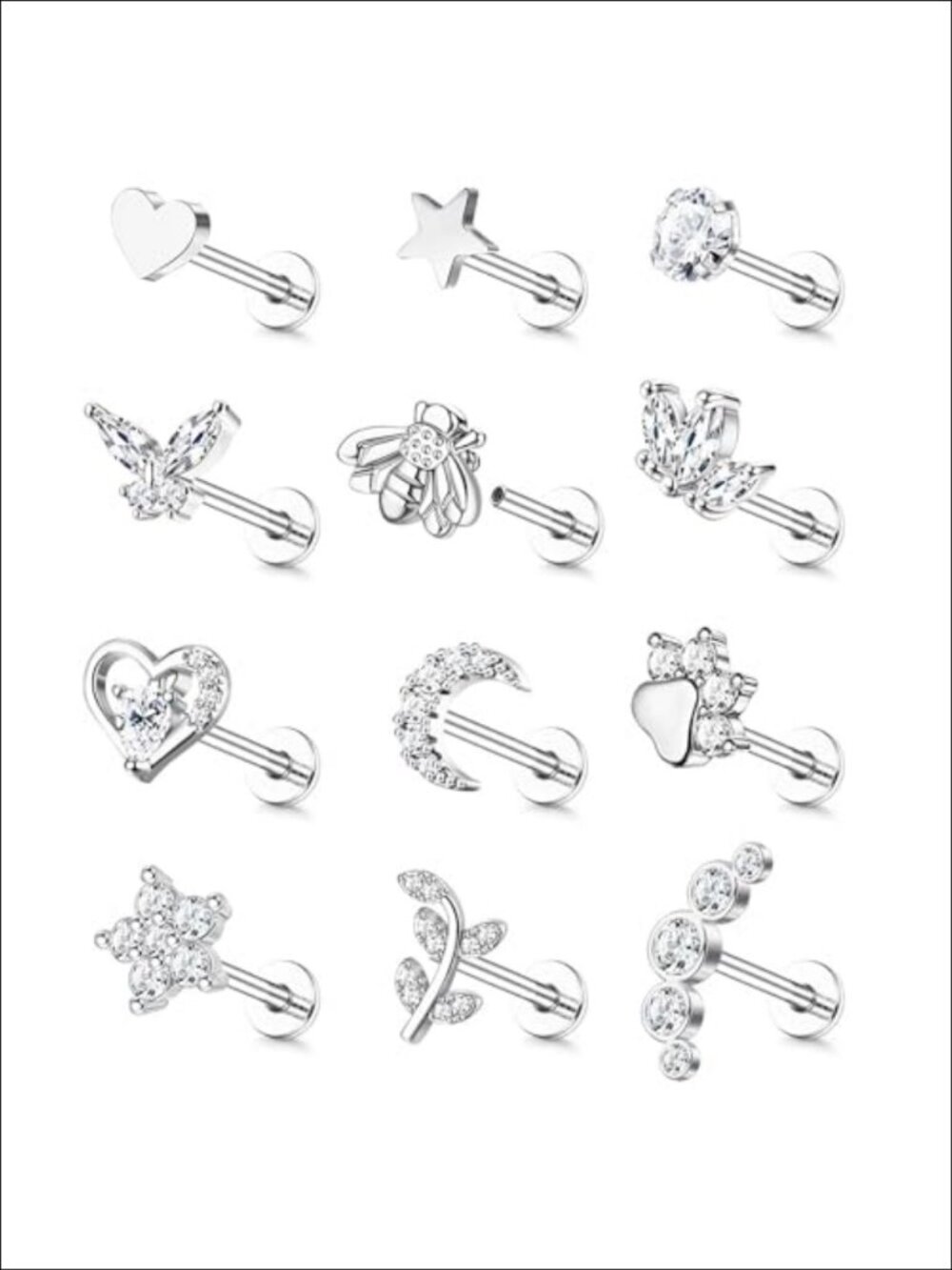 16G 18G Flat Back Tragus Helix Piercing Earrings Stainless Steel Cubic Zirconia